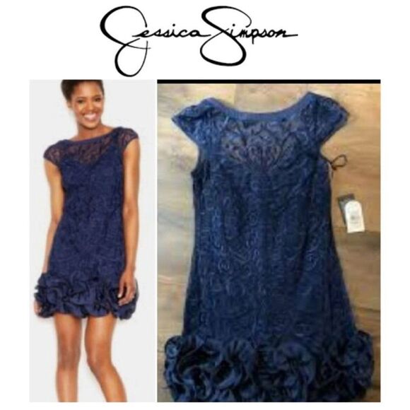Jessica Simpson Women’s Navy Blue Floral lace Sleeveless Dress Sheath he… - Picture 1 of 15